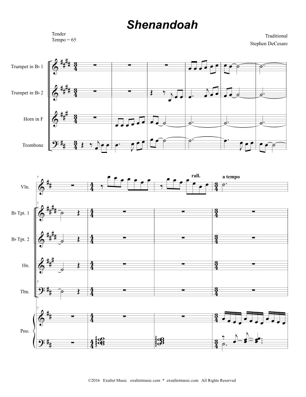 Shenandoah (for Brass Quartet and Piano) (arr. Stephen DeCesare)