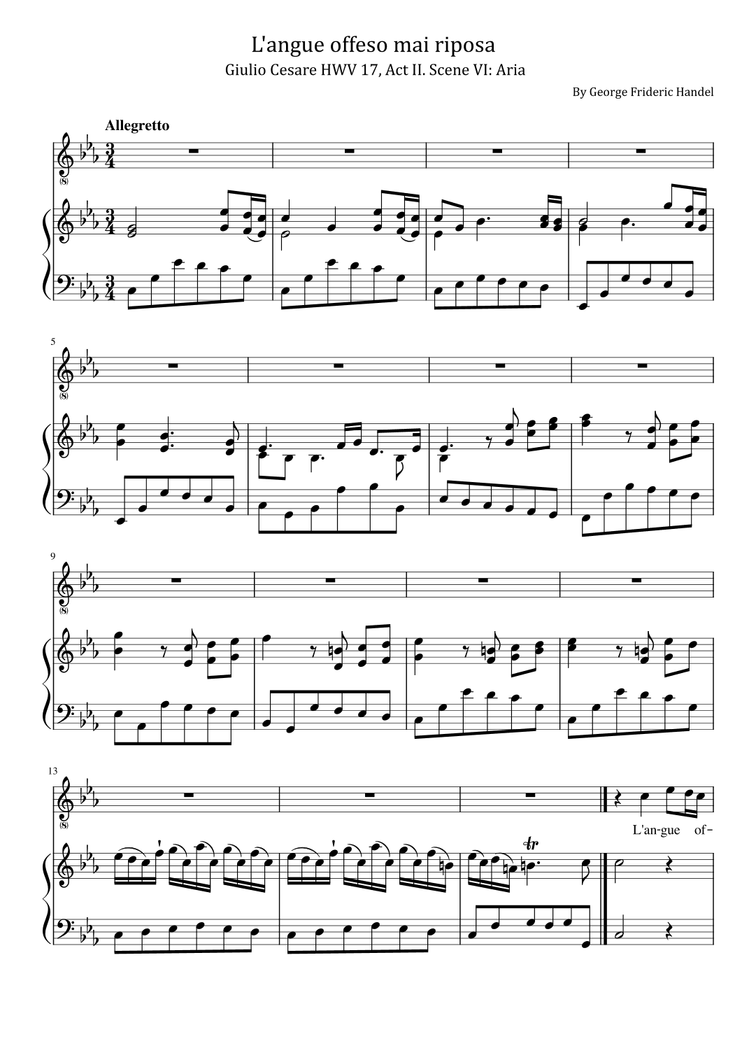 Handel - Giulio Cesare in Egitto, HWV 17, "L'angue offeso mai riposa" - For Voice and Piano Original (arr. poon)