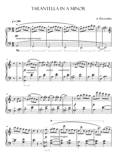 Tarantella in A Minor with note names for Grade 5 - 6 Piano (arr. Edited Published Harmony)