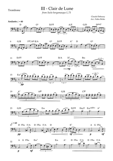 Clair de Lune (C. Debussy) for Trombone Solo with Chords (D Major) (arr. Fabio Britto)
