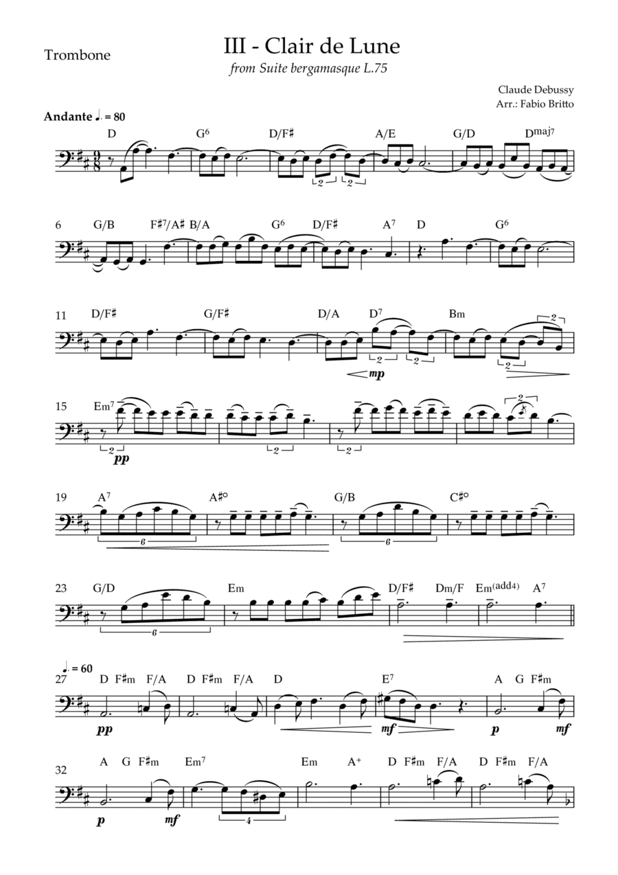 Clair de Lune (C. Debussy) for Trombone Solo with Chords (D Major) (arr. Fabio Britto)