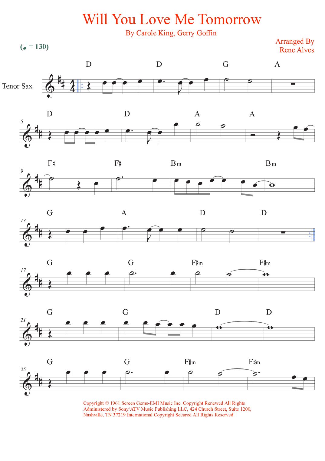 Will You Love Me Tomorrow (will You Still Love Me Tomorrow) (arr. Rene Alves)