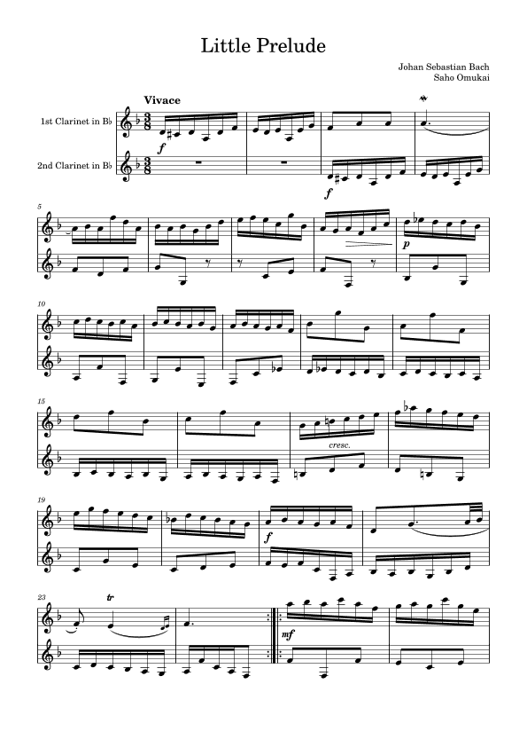 J.S.Bach: Little Prelude for two clarinets. (arr. Saho Omukai)
