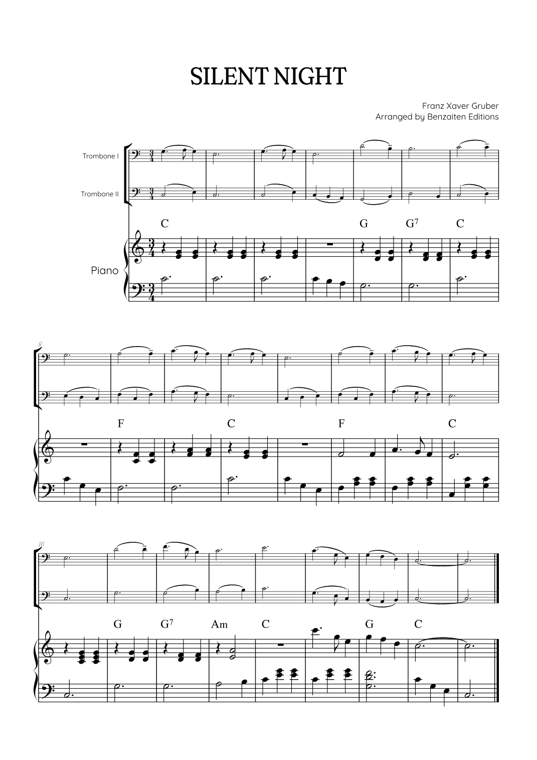 Silent Night for trombone duet with piano accompaniment • easy Christmas song sheet music w/ chords (arr. Benzaiten Editions)