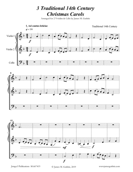 3 Traditional 14th Century Christmas Carols for 2 Violins & Cello (arr. James M. Guthrie, ASCAP)