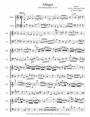 Mozart String Quartet, K 157 (Allegro) for Violin & Cello (arr. Dave Prudon)