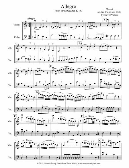 Mozart String Quartet, K 157 (Allegro) for Violin & Cello (arr. Dave Prudon)