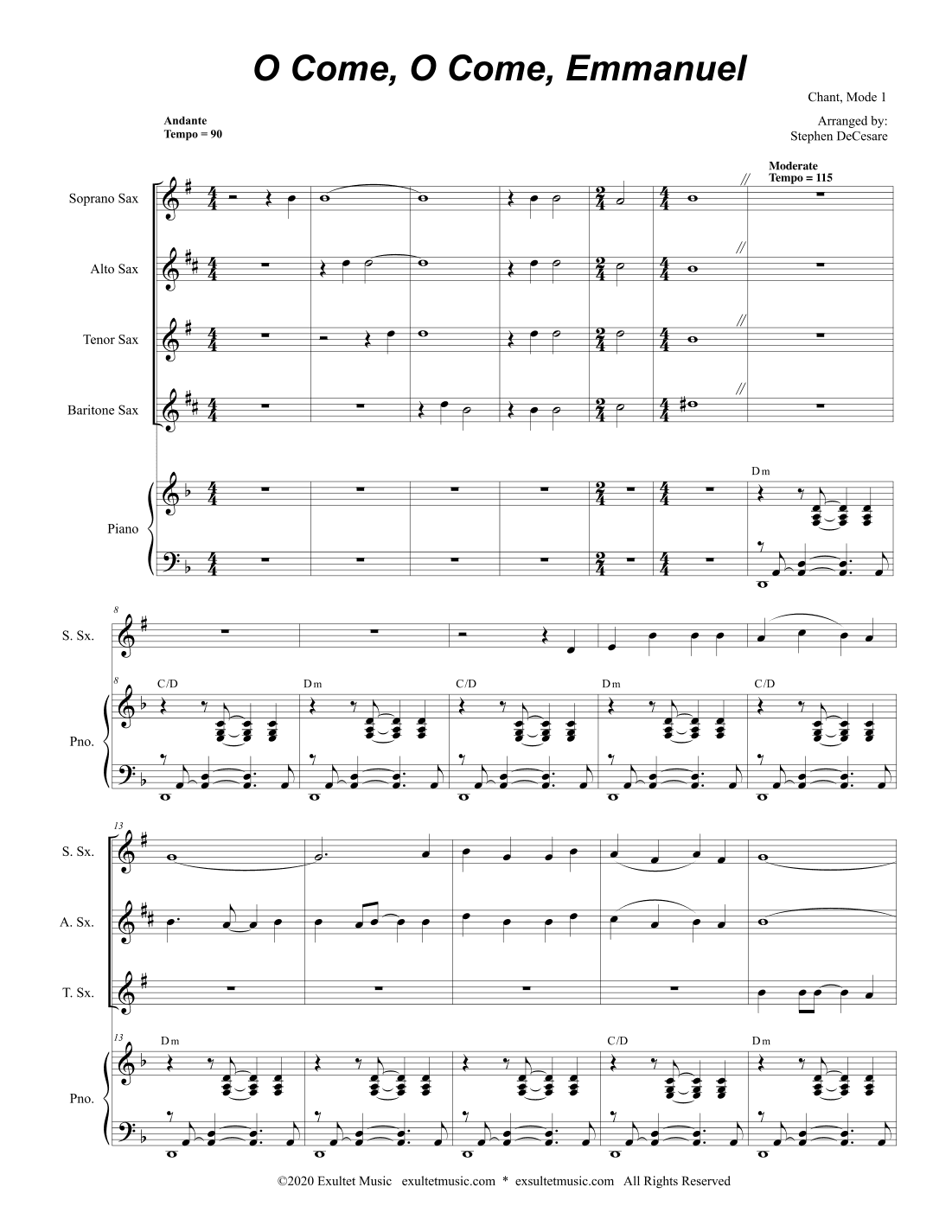 O Come, O Come, Emmanuel (Saxophone Quartet and Piano) (arr. Stephen DeCesare)