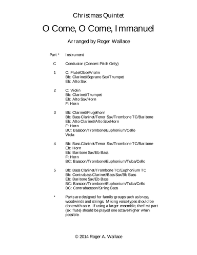 O Come, O Come, Immanuel (Emmanuel) - Clarinet Quintet (arr. Roger Wallace)
