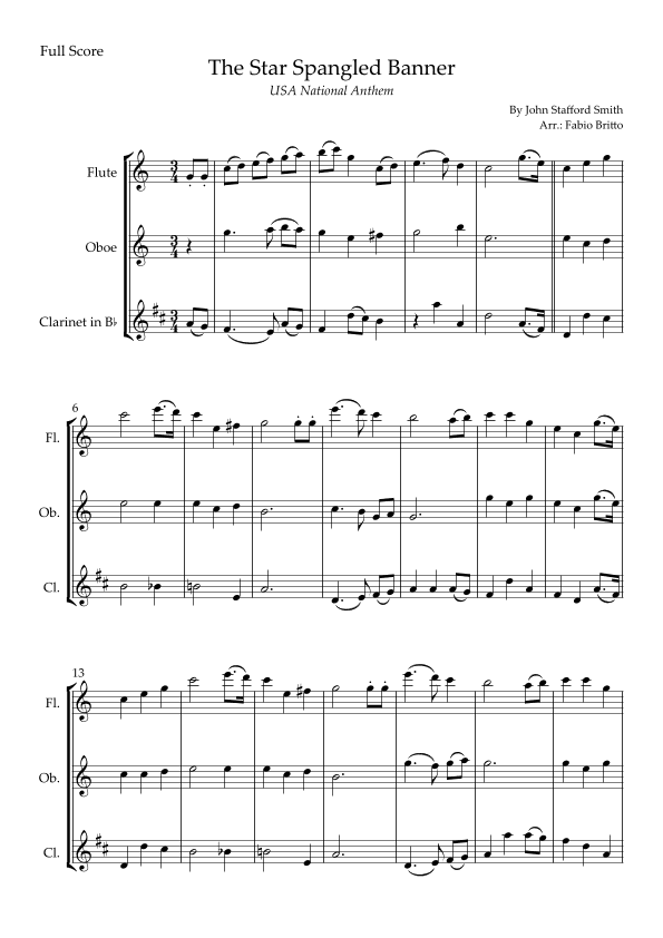 The Star Spangled Banner (USA National Anthem) for Woodwind Trio (arr. Fabio Britto)
