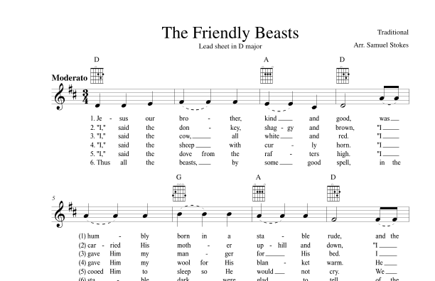 The Friendly Beasts - Lead sheet in D major (arr. Samuel Stokes)