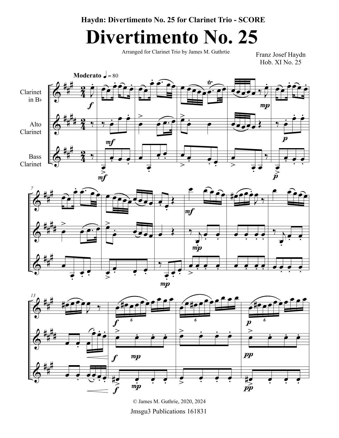 Haydn: Divertimento No. 25 Trio for Clarinet, Alto Clarinet & Bass Clarinet (arr. James M. Guthrie)