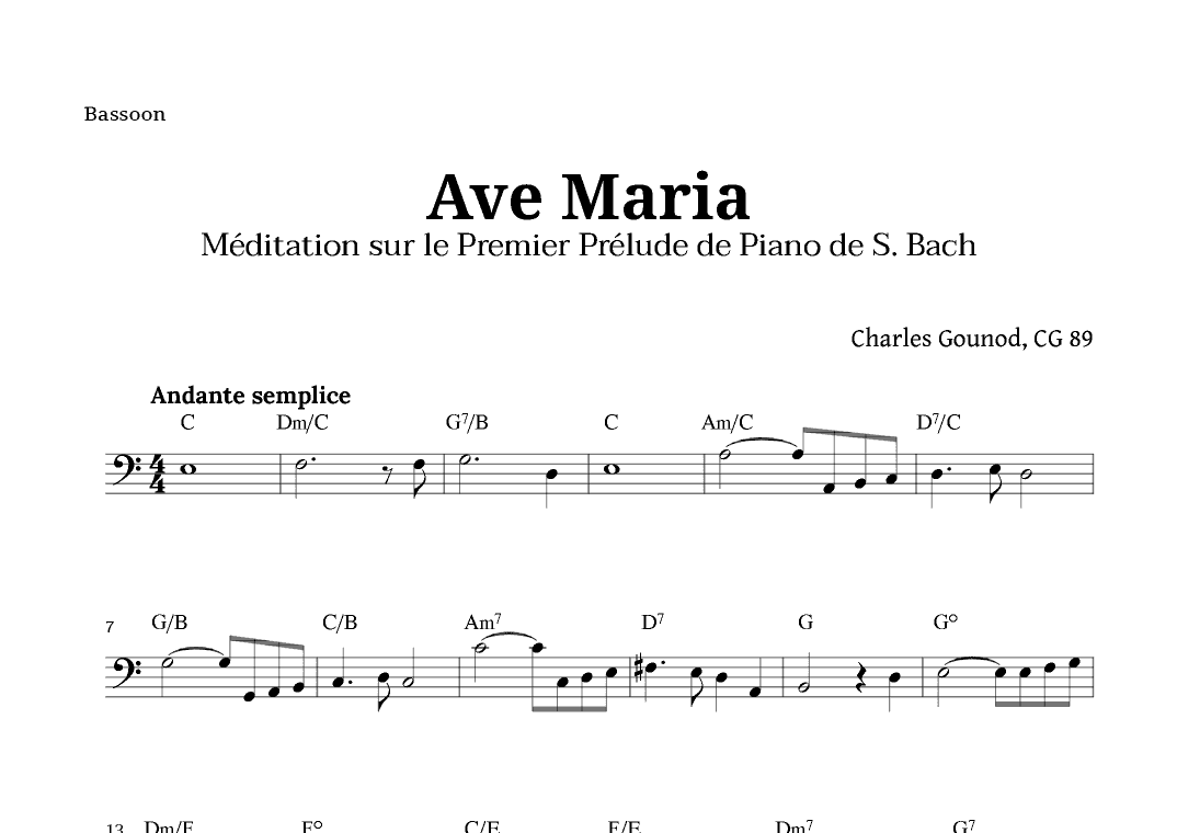 Ave Maria by Gounod for Bassoon with Chords (arr. Langanho)