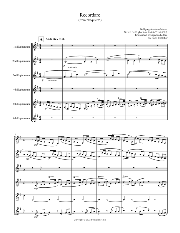 Recordare (from "Requiem") (F) (Euphonium Sextet - Treble Clef) (arr. Regis Bookshar)