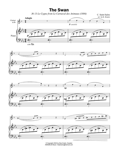 The Swan / Le cygne for clarinet in Bb and easy piano (arr. K. Krantz)
