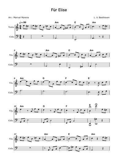 Fur Elise - Beethoven Violin and Cello (Score and Chords) v1 (arr. Marival Moreira)