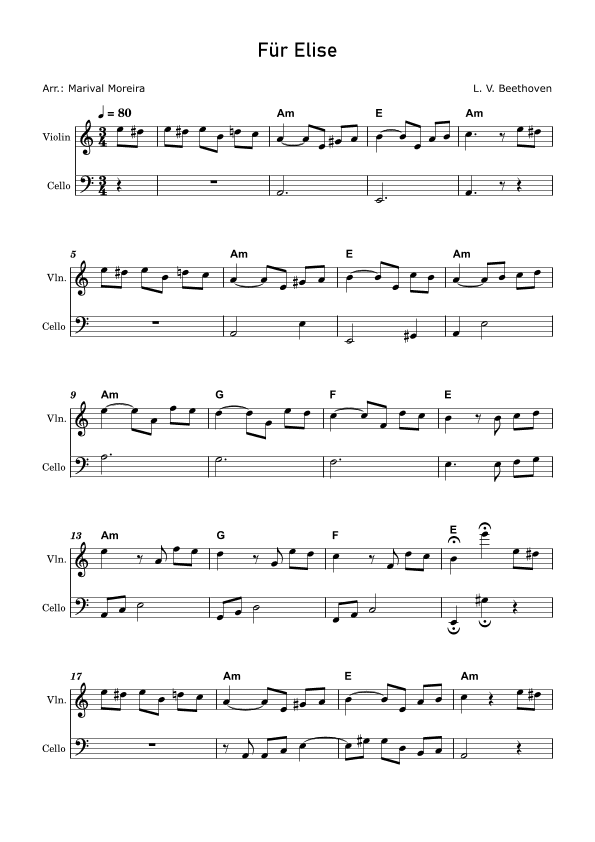 Fur Elise - Beethoven Violin and Cello (Score and Chords) v1 (arr. Marival Moreira)