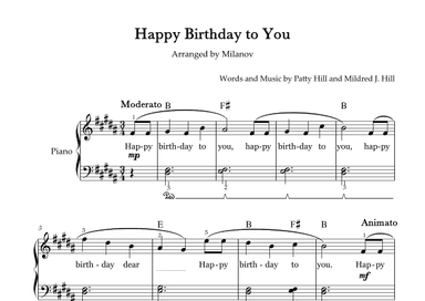 Happy Birthday to You in B Piano Easy Intermediate Chord Fingering Lyrics Pedal (arr. Milanov)