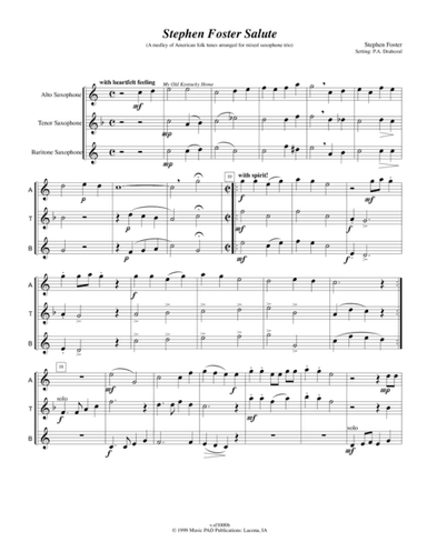 Stephen Foster Salute (Medley of Stephen Foster music set for mixed saxophone trio) (arr. Peter A. Drahozal)