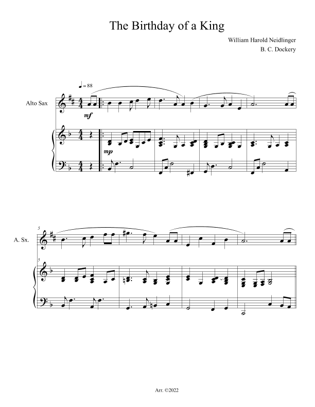 The Birthday of a King (Alto Sax Solo with Piano Accompaniment) (arr. B. C. Dockery)