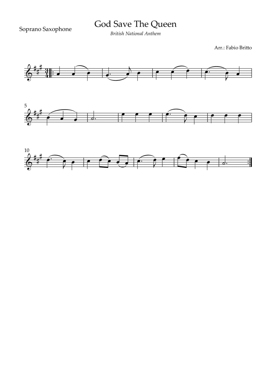 God Save The Queen (British National Anthem) for Soprano Saxophone Solo (arr. Fabio Britto)
