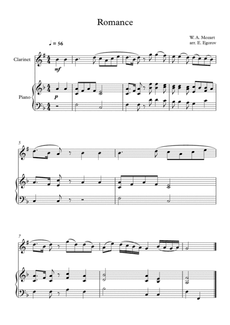 Romance, Wolfgang Amadeus Mozart, For Clarinet & Piano