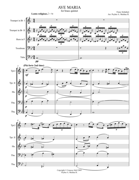 SCHUBERT, AVE MARIA, for Brass Quintet (arr. Peyber A. Medina H.)