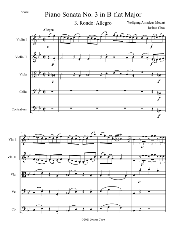 Piano Sonata No. 3 in B-Flat Major, Movement 3 (arr. Joshua Choe)