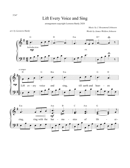 Lift Every Voice and Sing piano one verse (arr. Leonora Hardy)