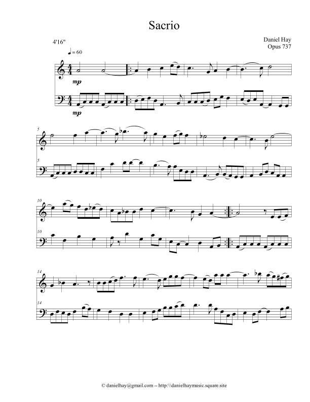 Sacrio (Opus 737) Duet for Tenor Recorder and Cello