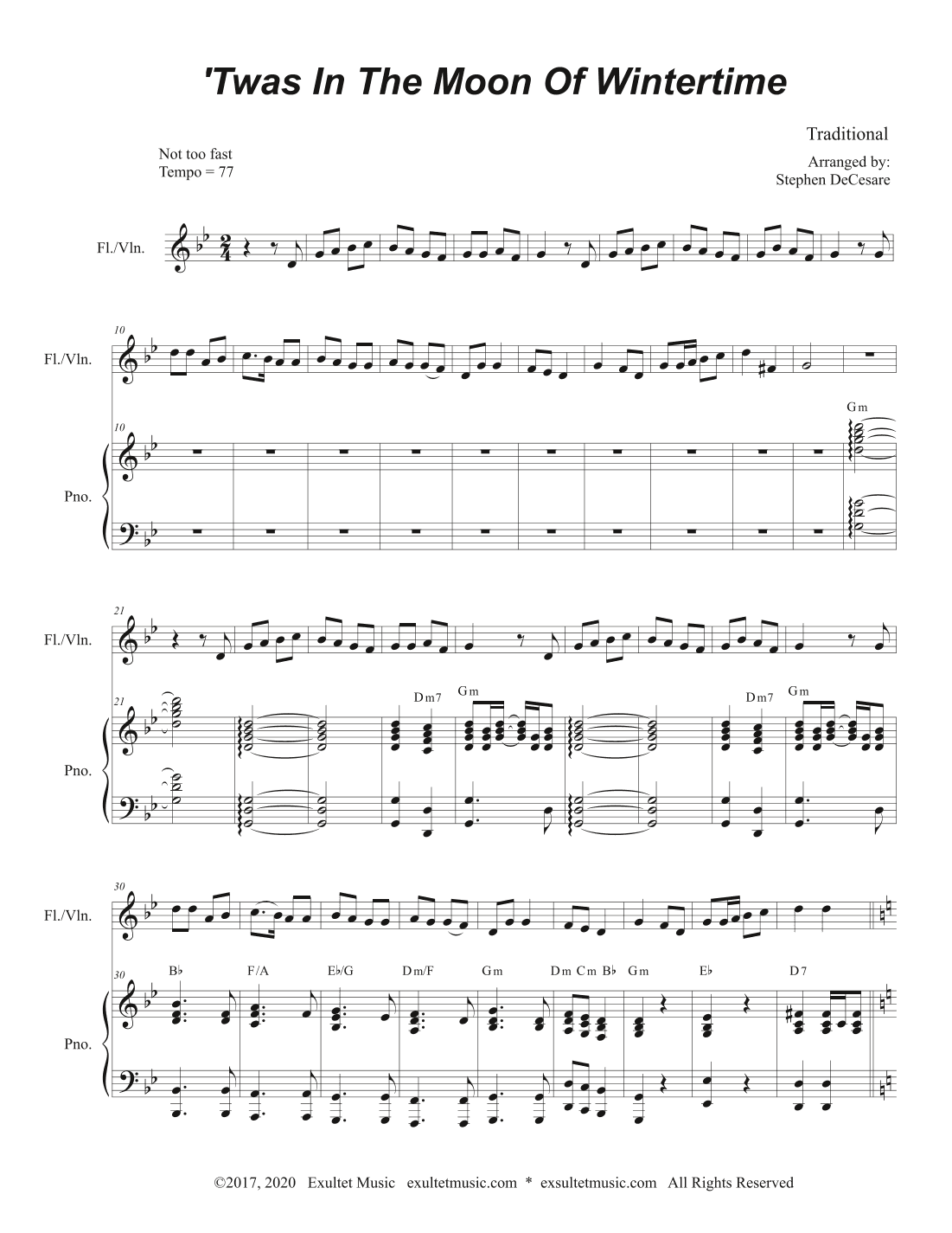 'Twas In The Moon Of Wintertime (Flute or Violin solo and Piano) (arr. Stephen DeCesare)