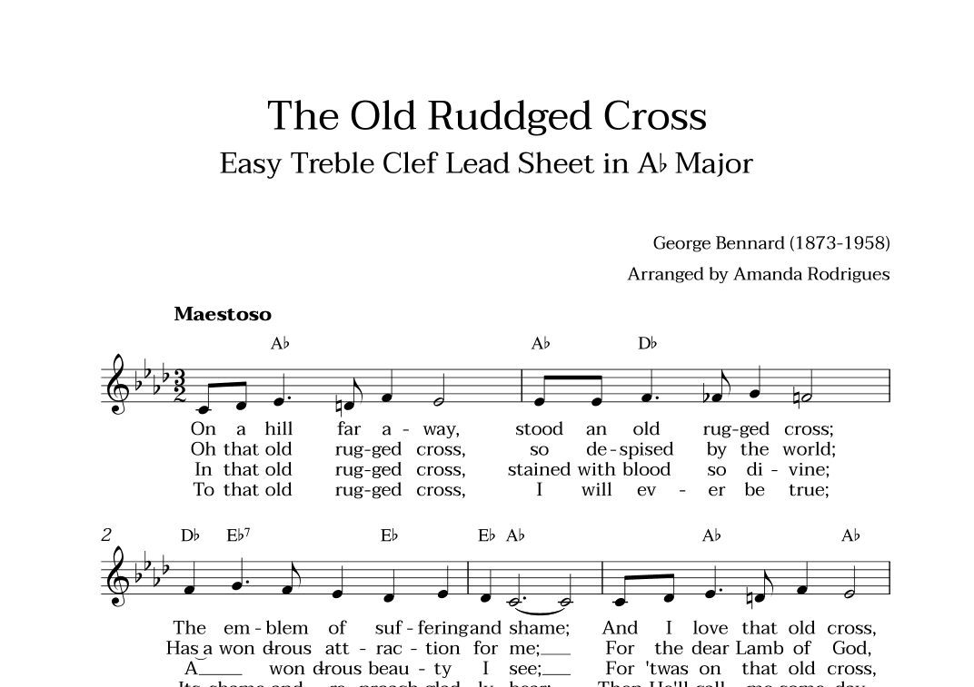 The Old Rugged Cross in Ab Major - Easy Treble Clef Lead Sheet (arr. Amanda Cerqueira Rodrigues)