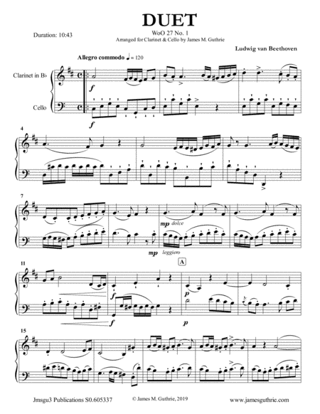 Beethoven: Duet WoO 27 No. 1 for Clarinet & Cello (arr. James M. Guthrie, ASCAP)