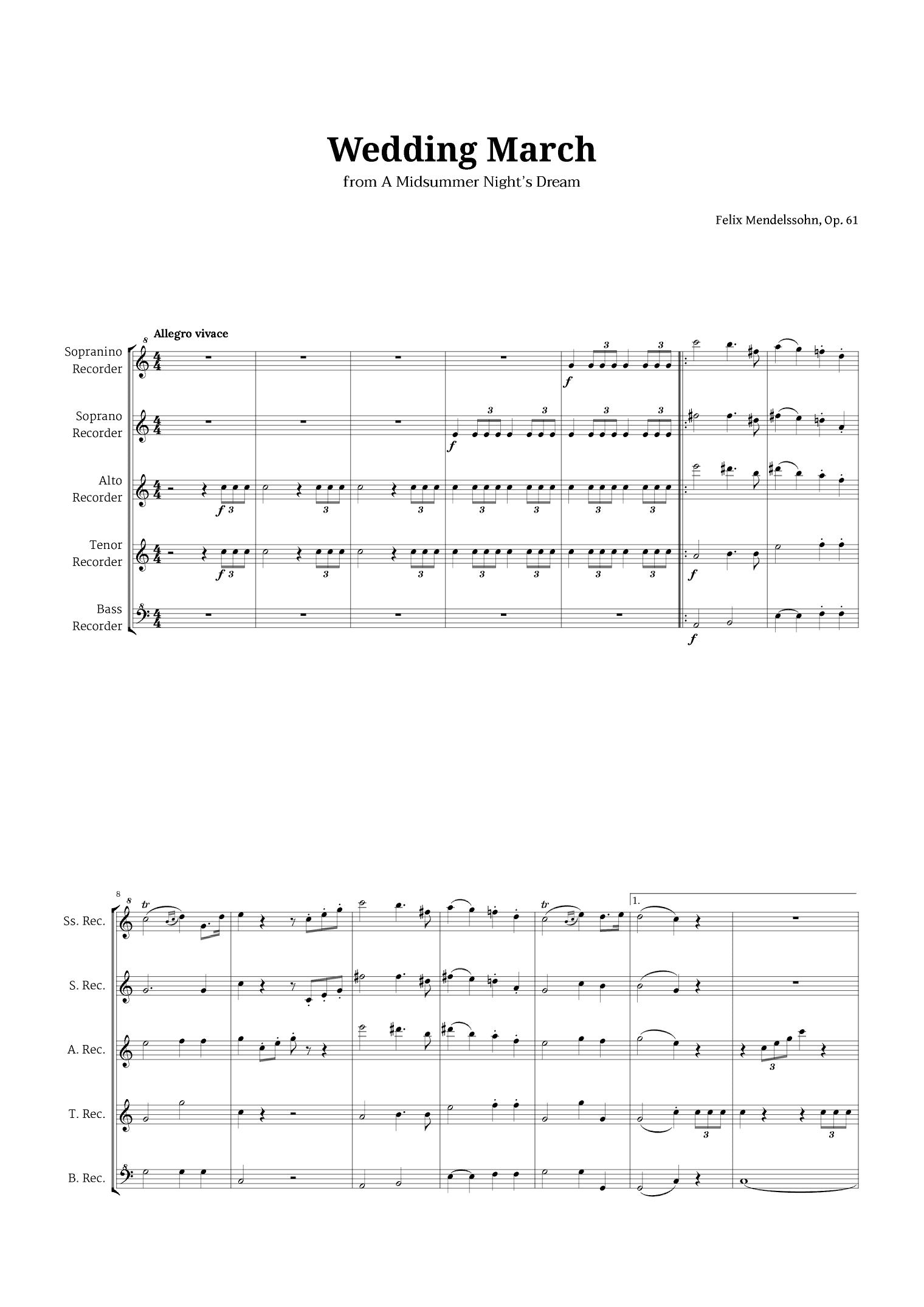 Wedding March by Mendelssohn for Recorder Quintet (arr. Langanho)