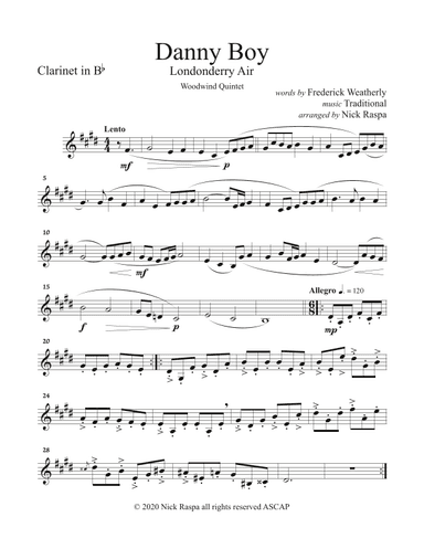 Danny Boy (Londonderry Air) Woodwind Quintet (Fl, Ob, CL, Hrn, Bsn) - Clarinet part (arr. Nick Raspa)