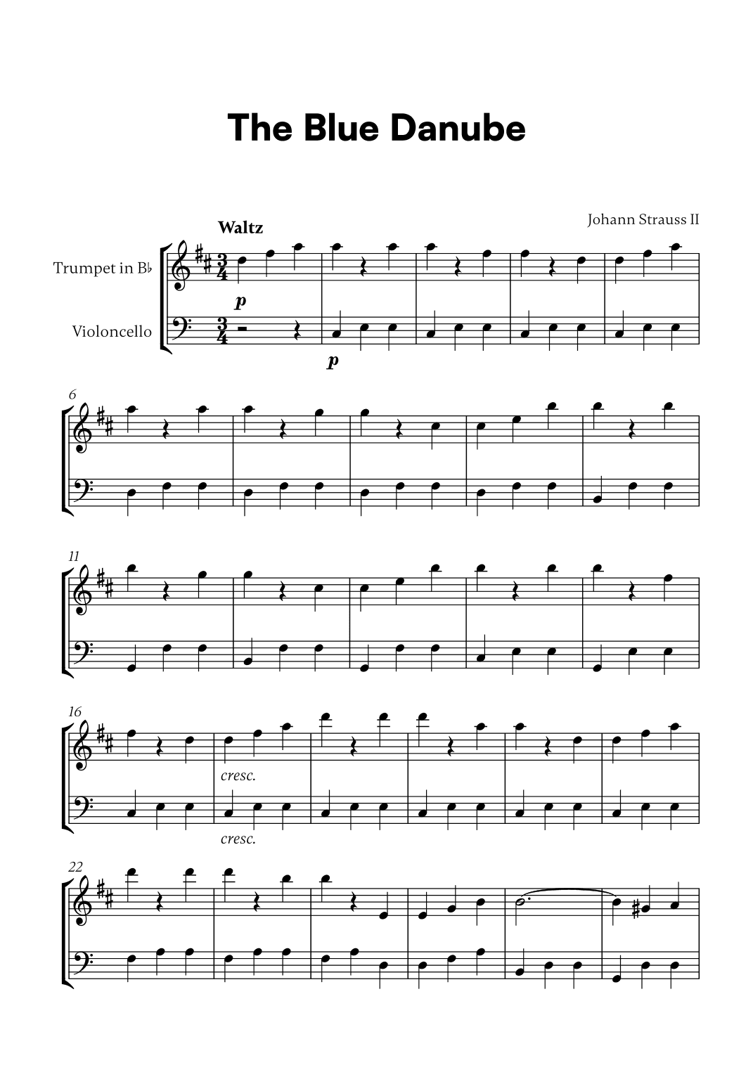 Johann Strauss II - The Blue Danube for Trumpet in Bb and Cello (arr. Cadenza Editions)