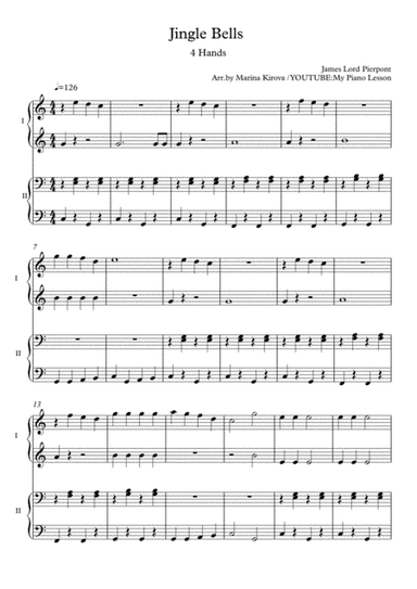 Jingle Bells - 4 hands EASY PIANO DUET in EASY-TO-READ FORMAT (arr. Marina Kirova)