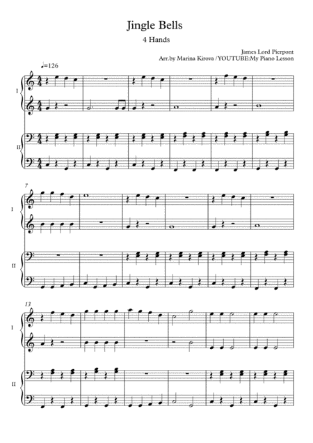Jingle Bells - 4 hands EASY PIANO DUET in EASY-TO-READ FORMAT (arr. Marina Kirova)