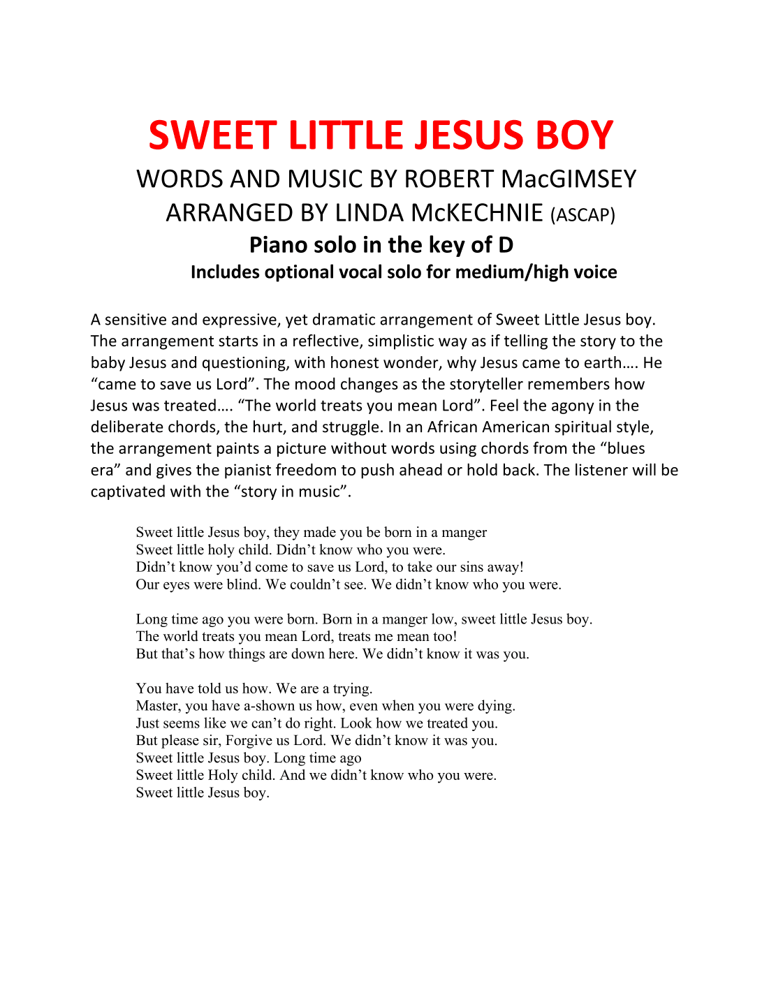 Sweet Little Jesus Boy (arr. Linda McKechnie)