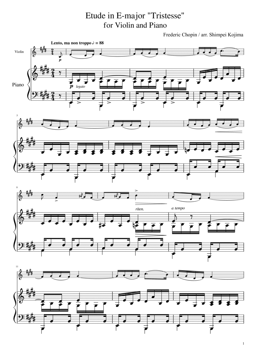 Chopin : Etude "Tristesse" for Violin and Piano (arr. Shimpei Kojima)
