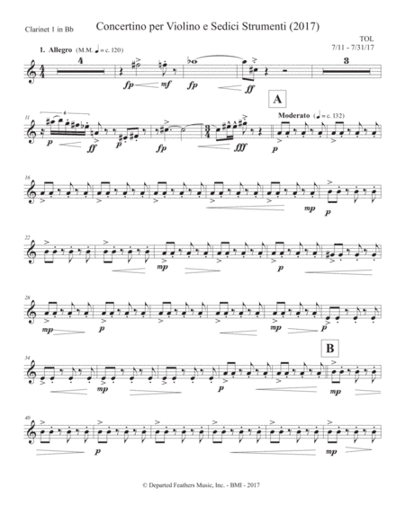 Concertino per Violino e Sedici Strumenti (2017) clarinet in Bb part 1