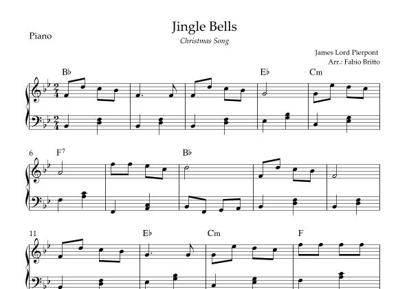 Jingle Bells (Christmas Song) for Easy Piano Solo with Chords (Bb Major) (arr. Fabio Britto)