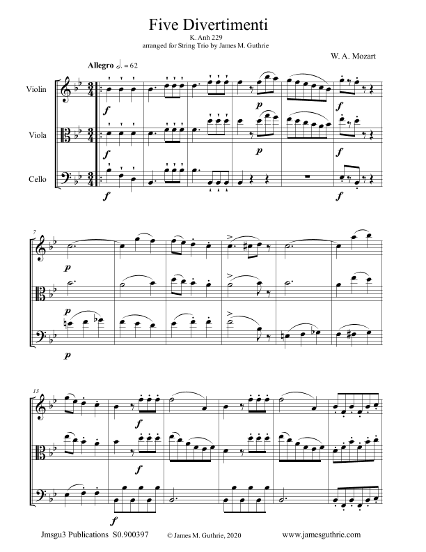 Mozart: Five Divertimenti K. Anh. 229 for String Trio (arr. James M. Guthrie)
