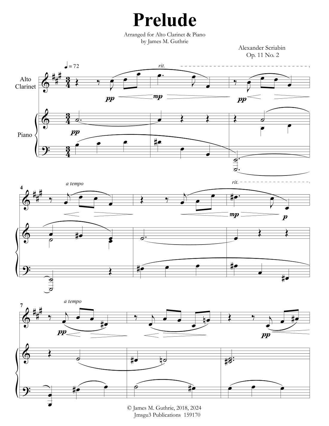 Scriabin: Prelude Op. 11 No. 2 for Alto Clarinet & Piano (arr. James M. Guthrie)