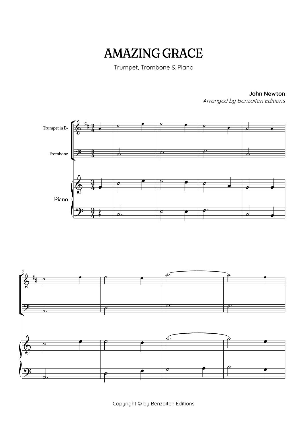 Amazing Grace • super easy trumpet and trombone sheet music with piano accompaniment (arr. Benzaiten Editions)