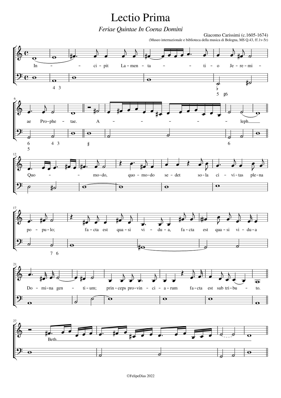Lamentationes Jeremiae Prophetae: Feriae Quintae in Coena Domini, Lectio Prima (arr. Early Music Scores)