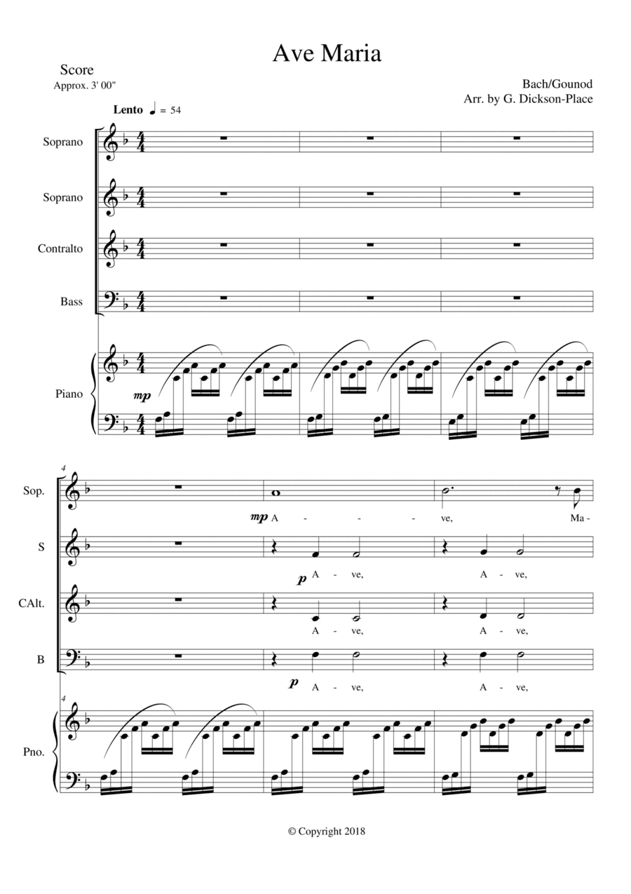 Ave Maria Bach/Gounod SSAB Arr. by Graham Dickson-Place (arr. Arr. by Graham Dickson-Place)