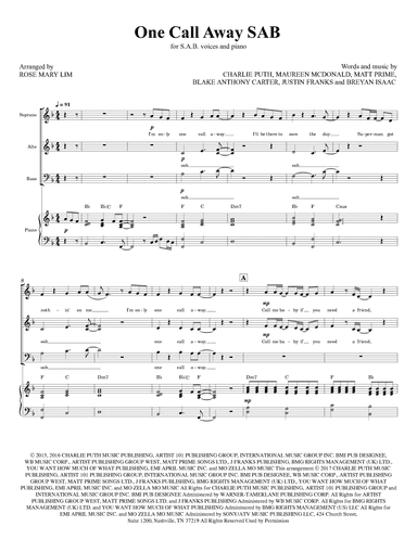 One Call Away (arr. Rose Mary Lim)