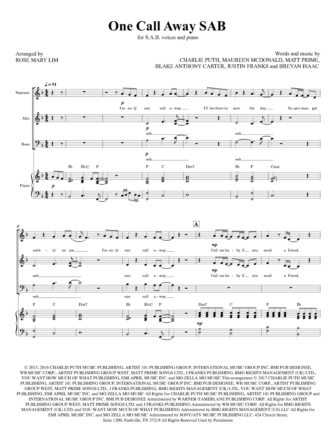 One Call Away (arr. Rose Mary Lim)