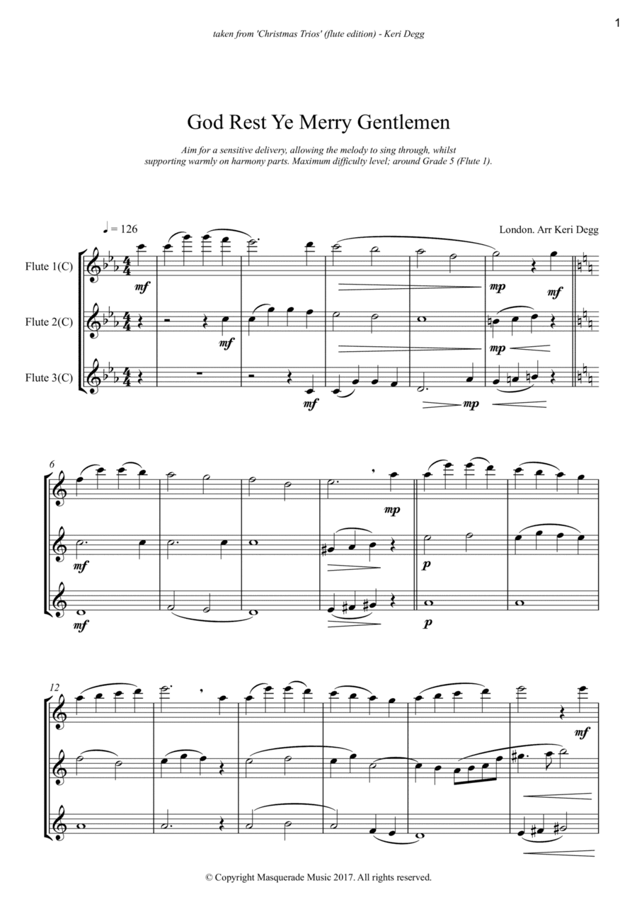 God Rest Ye Merry Gentlemen (3 Flutes in C) Flute Trio (arr. Keri Degg)